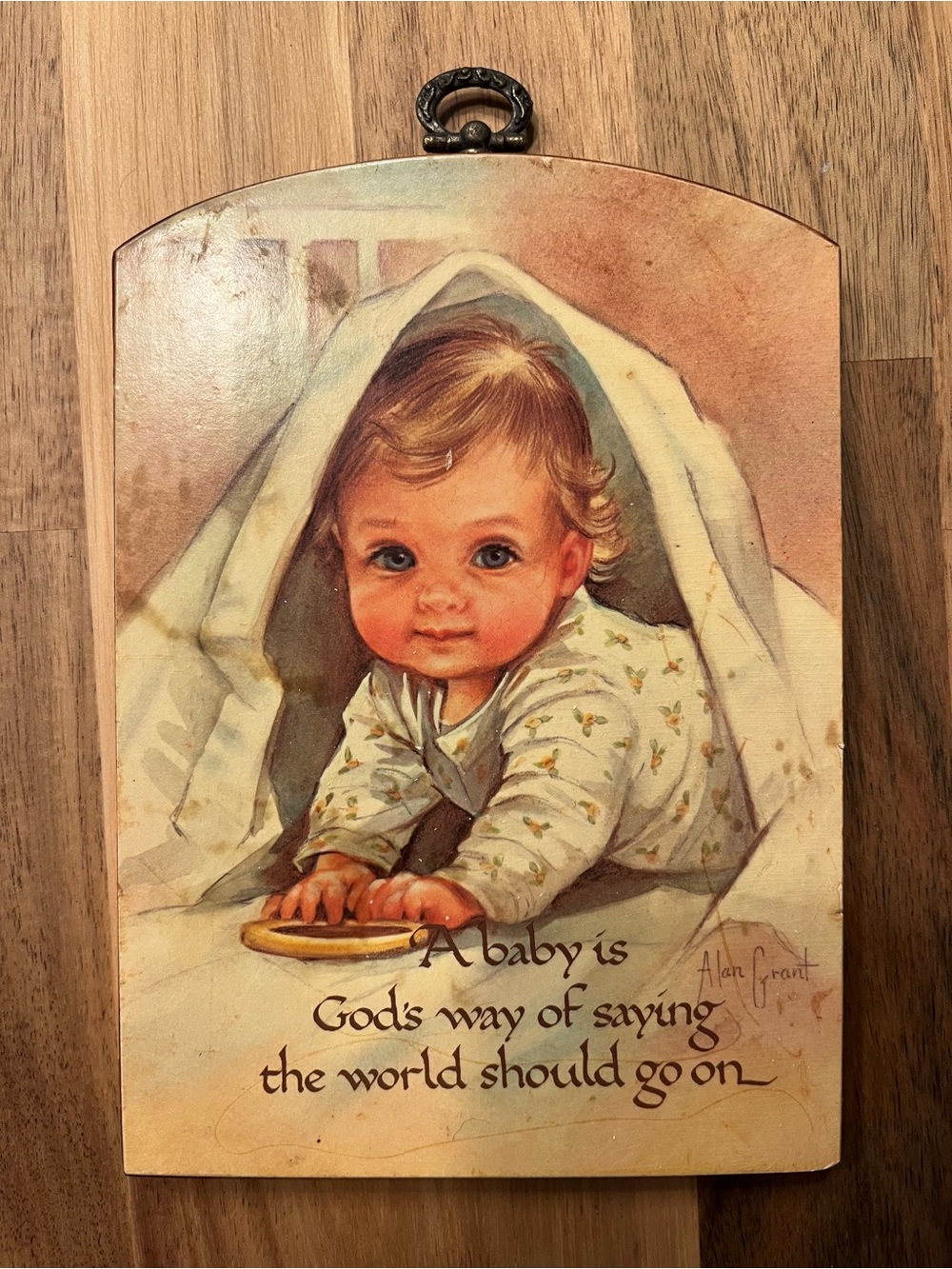Vintage 1970s Alan Grant Wood Wall Hanging Plaque for Nursery
